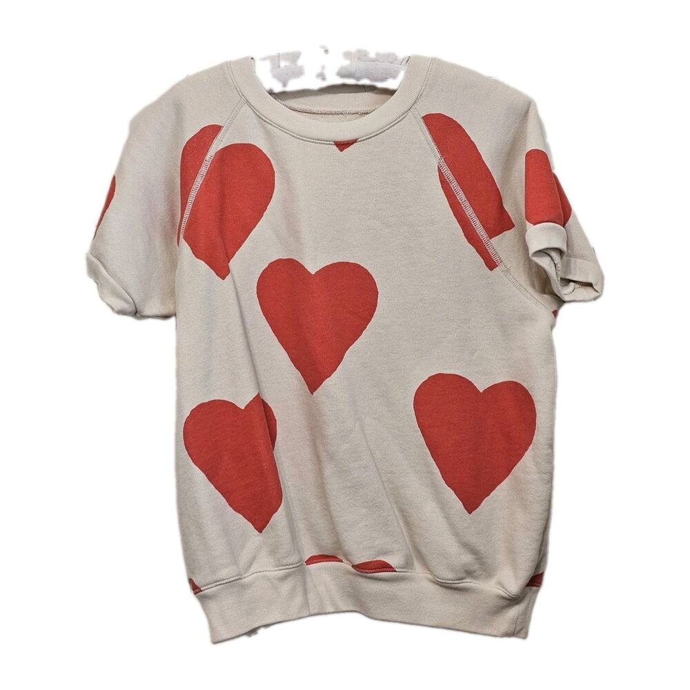Imogene + Willie Hearts All Over Raglan Sweatshirt Size L Short Sleeve Cream Red